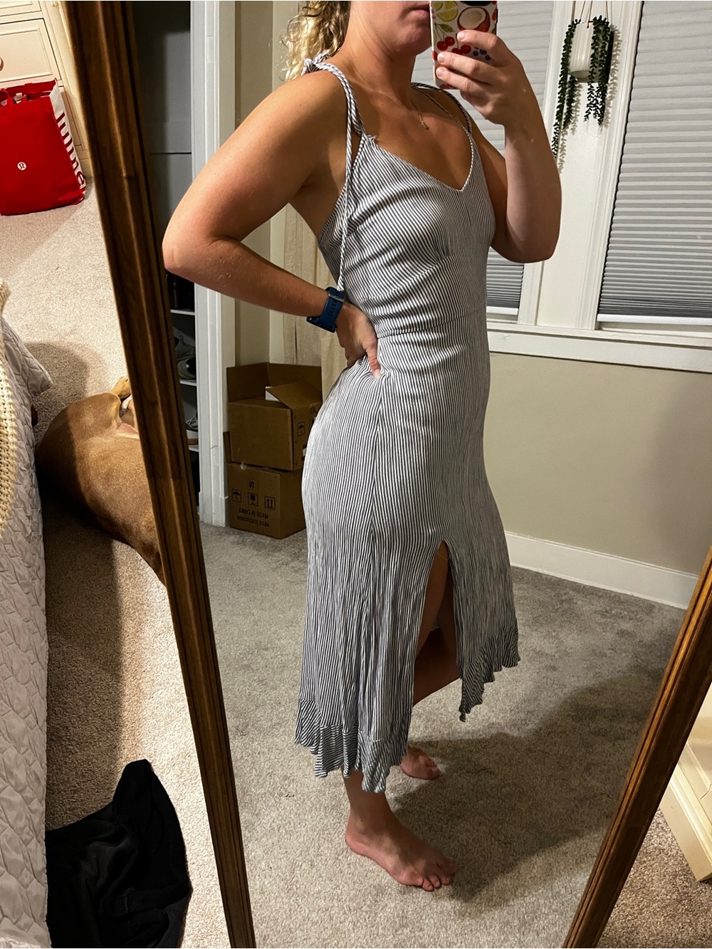 Abercrombie & Fitch Gray Striped Midi Slip Dress with Side Slit